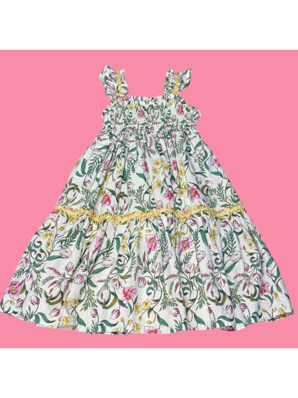 Haute Hippie Girls Floral Smocked Dress Size 4 Ruffle Straps Yellow Lace Trim